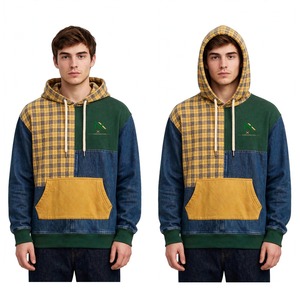 NEXTEX Sweat à capuche unisexe patchwork en molleton de coton doux, avec poches, motifs jaune à carreaux, vert forêt, bleu denim et moutarde - Product Image 2
