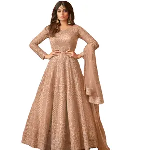长Anarkali刺绣Salwar Kameez女士套装最新时尚婚纱礼服