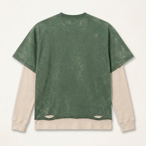 T-shirt Homme Vert Délavé à Effet Superposé, Imprimé Graphique Vintage, Ourlet Effiloché, Effet Deux Pièces, Coupe Oversize, Logo Personnalisé, Style Urbain - Product Image 2