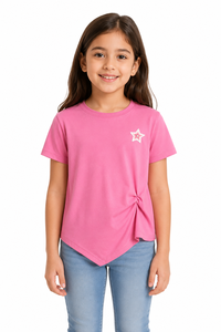 Girls Pink Star Accent <b>Asymmetrical</b> <b>Hem</b> T Shirt Soft Cotton Blend Short Sleeve Casual Stylish Everyday <b>Top</b> Comfortable Summer - Product Image 1