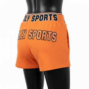 Shorts deportivos premium para mujer, 220 GSM, poliéster y spandex, tejido transpirable, color naranja, con logo personalizado por transferencia térmica. - Product Image 5