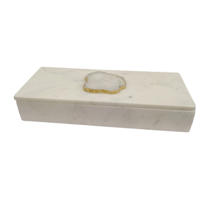 Plateau de rangement rectangulaire en marbre blanc avec incrustation d'agate à bords dorés, boîte décorative moderne pour table de salon - Product Image 1