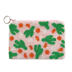 Porte-monnaie rose perlé, tissé à la main avec perles de verre, motif cactus, pochette zippée, petit porte-cartes pour femme, étui à clés pour dames - Product Image 1