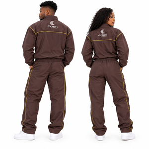 Ensemble de survêtement unisexe marron, veste zippée intégrale et pantalon, couleur unie, polyester, vêtements de sport décontractés, tenue d'automne légère - Product Image 3