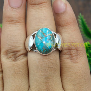 Bague en turquoise bleue et cuivre, en argent sterling 925, faite à la main, design unique, bague statement, bague avec pierres précieuses, bijoux en turquoise - Product Image 3