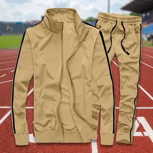 Men's Khaki Color Blocking Tracksuit Set Stand Collar Zip Up Jacket Drawstring Pants Sporty Two <b>Piece</b> - Product Image 4