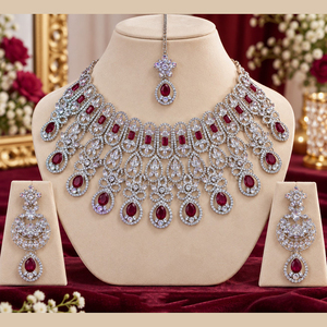 JeweleMarket Women's <b>Silver</b> Plated Crystal Rhinestone Ethnic Wedding Engagement Anniversary Party Gift <b>Necklace</b> <b>Earring</b> <b>Set</b> - Product Image 1