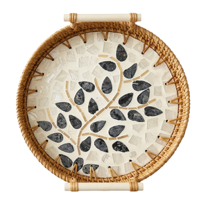 Plateau rond en rotin tressé à la main avec coquillages mosaïques, plateau alimentaire avec poignée en bois, décoration murale, vente en gros - Product Image 2
