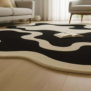 Alfombra Irregular Hecha a Mano, Alfombra Moderna Abstracta de Lana Negra y Marfil, Alfombra de Diseño de Mediados de Siglo para Decoración de Sala de Estar - Product Image 3