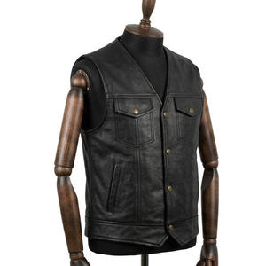 Chaleco de cuero genuino negro personalizado para hombre, estilo motero occidental, chaleco de motociclista de piel de vaca con cinturón trasero ajustable, chaleco unisex - Product Image 1