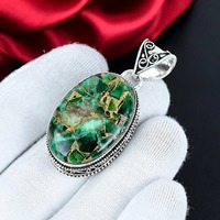Pendentif ovale unisexe fait main en turquoise verte naturelle avec monture closée en argent sterling 925 plaqué argent, bijou de déclaration