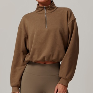 Women's Oversized Cropped Fleece Sweatshirt With Zipper <b>Stand</b> Collar <b>Drop</b>-Shoulder Long Sleeve - Product Image 1