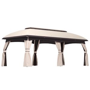 Gazebo de jardin beige 10' x 20' avec toit ventilé, abri extérieur avec filet et rideaux, modèle D0100X3H50P - Product Image 1
