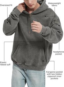 Men's Half Zip Hoodie with Arm Zipper Pocket and Kangaroo Pouch Vintage Oversized <b>Tech</b> Fleece Pullover hoodies - Product Image 6