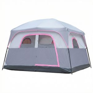 Tente de camping familiale luxueuse pour 6 personnes, double couche, imperméable et coupe-vent, avec 1 porte en maille et 5 grandes fenêtres en maille, installation facile - Product Image 1