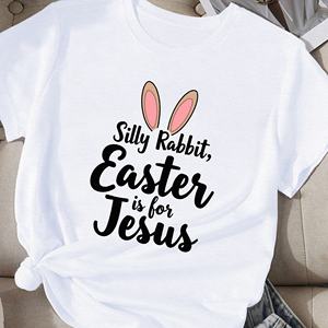 T-shirt décontracté imprimé pour femme Silly Rabbit Easter Is For Jesus avec motif oreilles de lapin, col rond, manches courtes, printemps-été - Product Image 5