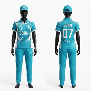 Premium Polyester Cricket Uniform 160 GSM Turquoise <b>White</b> Sublimated Polo Jersey <b>Trousers</b> Cap Custom Teamwear - Product Image 1