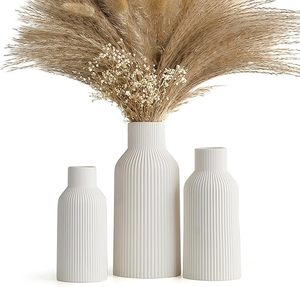 White <b>Ceramic</b> <b>Vases</b> Set of 3 Ribbed Matte Tabletop Flower <b>Vases</b> Modern Minimalist Decor for Home Wedding - Product Image 1