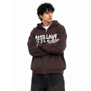 Sudadera con Capucha y Cremallera para Hombre, Color Marrón, Estilo Casual, Oversize, de Algodón French Terry, con Estampado de Letras y Logotipo Frontal, Manga Regular, Estilo Otoñal - Product Image 2