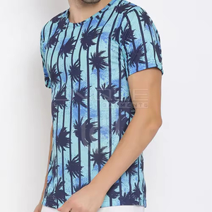 T-shirt à manches courtes pour homme, col rond, imprimé palmiers, coupe classique, décontracté, bleu, polyester, tricoté, respirant - Product Image 3