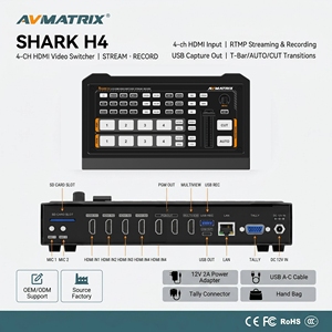 AVMATRIX Shark H4: เครื่องสลับวิดีโอ HDMI 4 ช่องสัญญาณสำหรับการถ่ายทอดสด รองรับการสตรีมแบบ RTMP/SRT บันทึกข้อมูลลง SD/USB รองรับการบันทึกแบบ UVC สำหรับการถ่ายทอดสดในโบสถ์ - Product Image 1