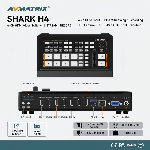 AVMATRIX Shark H4: 4-Channel HDMI Live Stream Video Switcher RTMP/SRT Streaming SD/USB Record UVC Capture for Church Broadcast