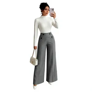 Pantalon taille haute à jambe large et croisée gris – Taille haute avec une jambe large ou une silhouette parallèle - Product Image 6