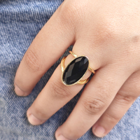 Bague ajustable unisexe en laiton plaqué or 18 carats avec double bande et pierre précieuse ovale en onyx vert et noir taillé en chevron, vente en gros