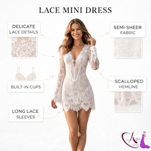 Vestido Mini de Encaje Blanco de Lujo para Mujer |   Elegante Vestido de Fiesta Ajustado de Manga Larga Transparente, Atuendo de Noche Nupcial, Moda Premium - Product Image 5