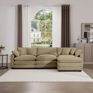 Divano a L a 3 Posti in Velluto a Coste Color Tan con 1 Poggiapiedi e Pouf per Soggiorni Piccoli - Product Image 2