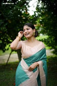 High Quality Tussar Silk with Checks-Printed & Kantha Weaving Border & Kantha Lining Pallu with Tassels Saree-Blouse Saree <b>Love</b> - Product Image 3