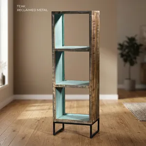 Étagère rustique en bois et fer à 3 cubes avec étagères ouvertes et finition vieillie pour le rangement dans le salon - Product Image 5