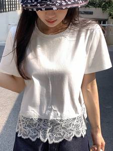 Oversized Layered Floral Lace Hem <b>Tee</b> <b>White</b> Short Sleeve Crewneck Trendy Women's Shirts Cotton Loose Casual Summer Pullover Top - Product Image 6