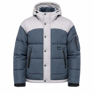 Blouson matelassé de luxe à capuche pour l'hiver, avec empiècement contrastant aux épaules, patch en PVC, poignets ajustables et ourlet incurvé rembourré - Product Image 1