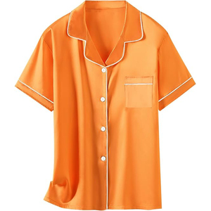 Conjunto de pijama de satén naranja de manga corta para mujer con botones al frente y ribete blanco, ropa de dormir clásica para el verano - Product Image 4