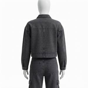 <b>Women</b> Charcoal Gray <b>Cropped</b> Denim <b>Jacket</b> And Cargo <b>Jeans</b> Set Casual Two Piece Streetwear Fashion Outfit - Product Image 4
