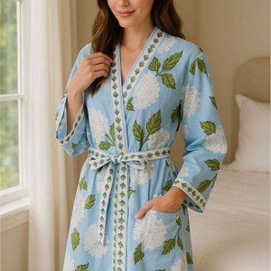 Bata de baño tipo kimono de algodón para mujer, bata de satén de lujo con estampado floral, bata de baño ligera de verano, bata de kimono para fiesta nupcial - Product Image 1