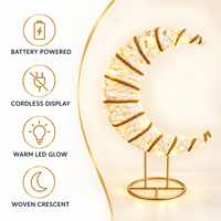 Lampe de table LED en forme de croissant de lune en corde de coton tissée à la main, support en métal doré, lumière lunaire bohème, éclat chaud, décoration de maison pour le Ramadan, petite et durable
