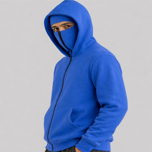 Sudadera con capucha completa con cremallera para hombre, manga larga, estampado personalizado, negra lisa con orificios para los ojos, estilo urbano, venta al por mayor. - Product Image 2