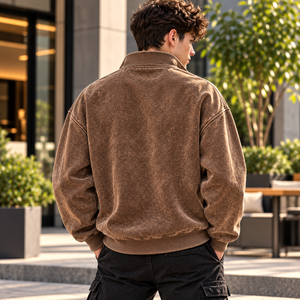 Sudadera Vintage Marrón Lavado para Hombre con Media Cremallera y Cuello Alto, Ajuste Regular, Logotipo Personalizado, Estilo Urbano, 100% Algodón, Venta al por Mayor OEM - Product Image 2