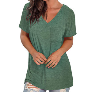 Camiseta de Manga Corta con Cuello en V para Mujer, 100% Algodón, Transpirable, Verde Sólido, Corte Regular, Informal, con Bolsillo, para Primavera y Verano - Product Image 2