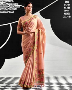 Sari de seda de azafrán con tejido floral para bodas, ajuste regular, largo hasta el suelo, estilo tradicional para mujer - Product Image 5
