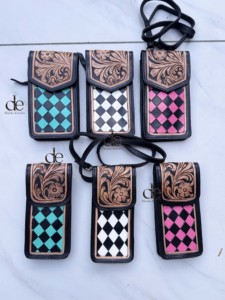 High Quality Phone Purse Handbag Hand <b>Tooled</b> Carving <b>Leather</b> Bag Big Size Bags Checkers Pattern <b>Pouch</b> Unique Designer Sling Bag - Product Image 5