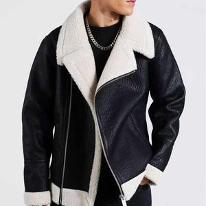 Textured Leather Winter <b>Jacket</b> Contrast <b>White</b> Shearling Collar Asymmetric Zipper <b>Men</b> Casual Outerwear Thick Thermal Coat - Product Image 3