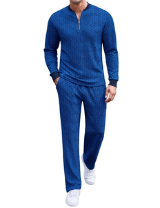 Survêtement pour homme à imprimé géométrique bleu, manches longues, demi-zip, vêtements de sport décontractés avec poches latérales, coupe régulière, vêtements d'automne - Product Image 1