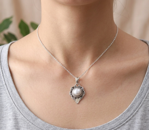 925 <b>Sterling</b> <b>Silver</b> Natural <b>Pearl</b> Vintage Floral Pendant Handmade Boho Statement <b>Necklace</b> Charm Women Jewelry Gift for Men Her - Product Image 2