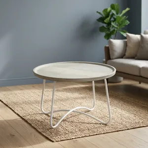 Mesa de Centro Redonda Moderna de Concreto con Base de Metal Blanca, Mueble Minimalista para Sala de Estar, Diseño Duradero - Product Image 4