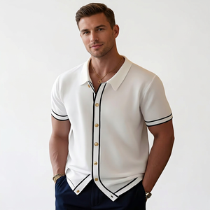 Chemise décontractée pour homme en coton blanc à manches courtes, patchwork color block, col rabattu noir, légèrement extensible, respirante, élégante - Product Image 1