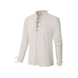 Chemise habillée homme en lin et coton corail, col mandarin, manches longues, respirante, couleur unie, style vintage, en popeline, pour le printemps - Product Image 1