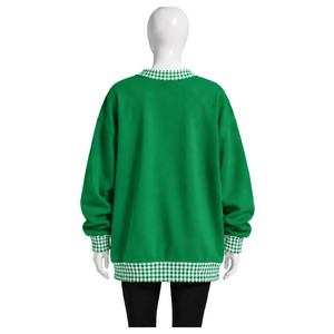 Sudadera Verde Oversize para Hombre con Cuello Redondo, Ribete a Cuadros Gingham, Manga Larga, Estilo Casual, Pullover, Moda Urbana, Top Deportivo Atlético - Product Image 2